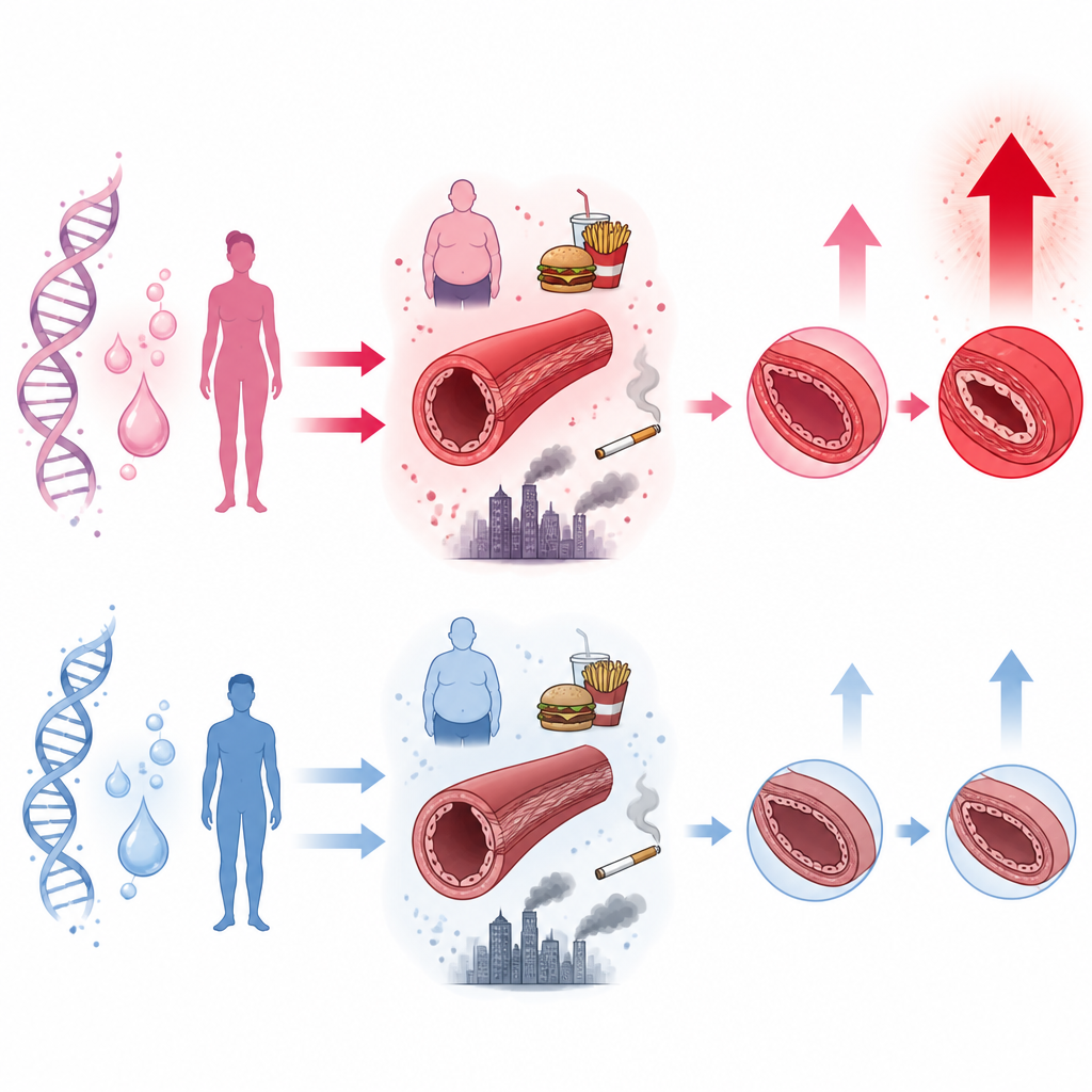 Figure 2. Wie Gene, Hormone und Lebensstilbelastungen zusammenwirken und den Blutdruck bei Frauen stärker ansteigen lassen können als bei Männern.