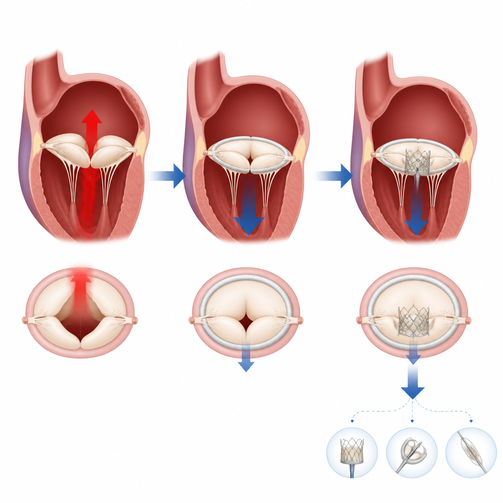 Figure 2. Wie eine heutige Reparatur der undichten Mitralklappe Raum für zukünftige katheter- und chirurgische Eingriffe offenhält, falls die Klappe erneut versagt.