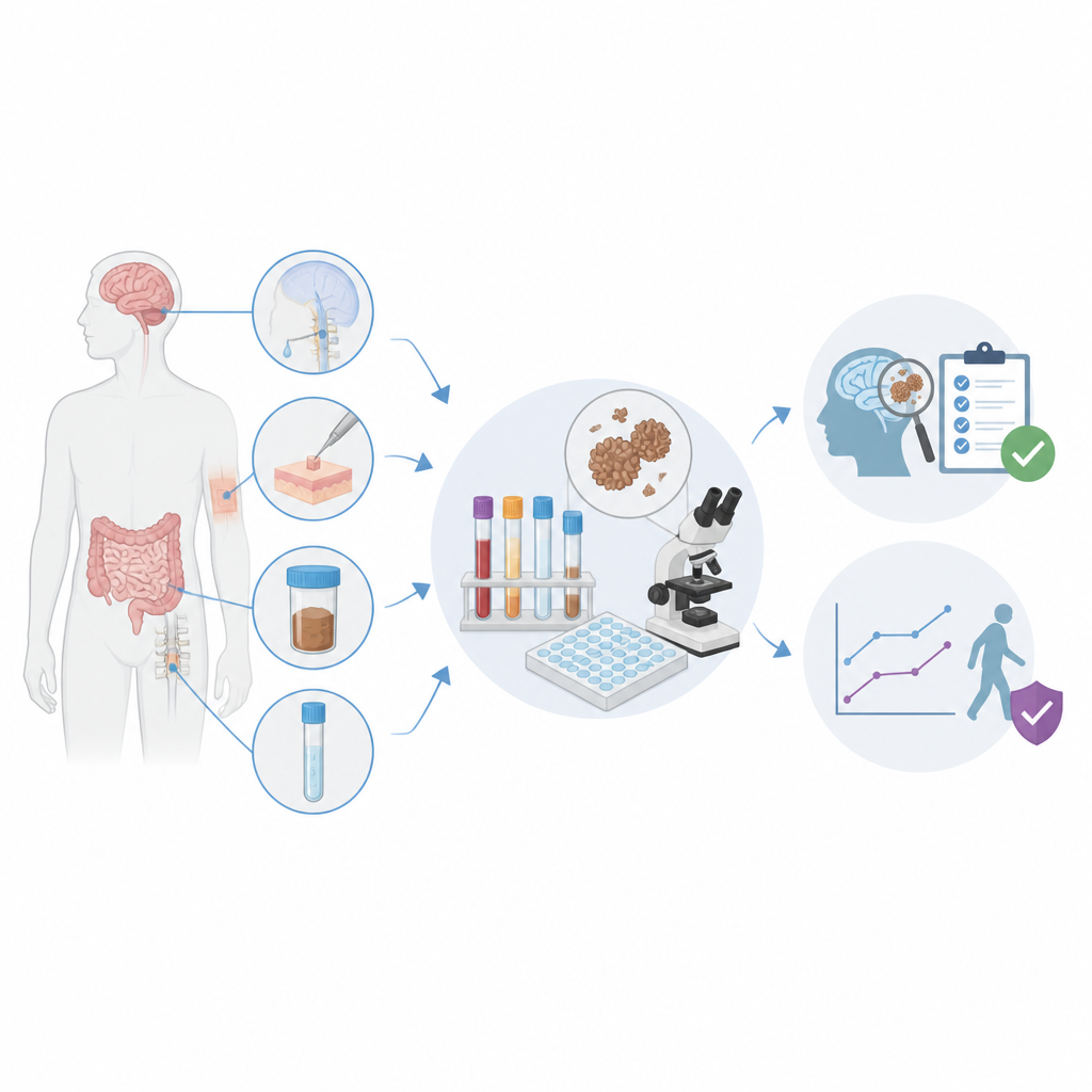 Figure 1. Vücut örnekleri ve laboratuvar testlerinin Parkinson ve ilişkili bozukluklarda zararlı beyin protein kümelerini nasıl ortaya çıkardığı.