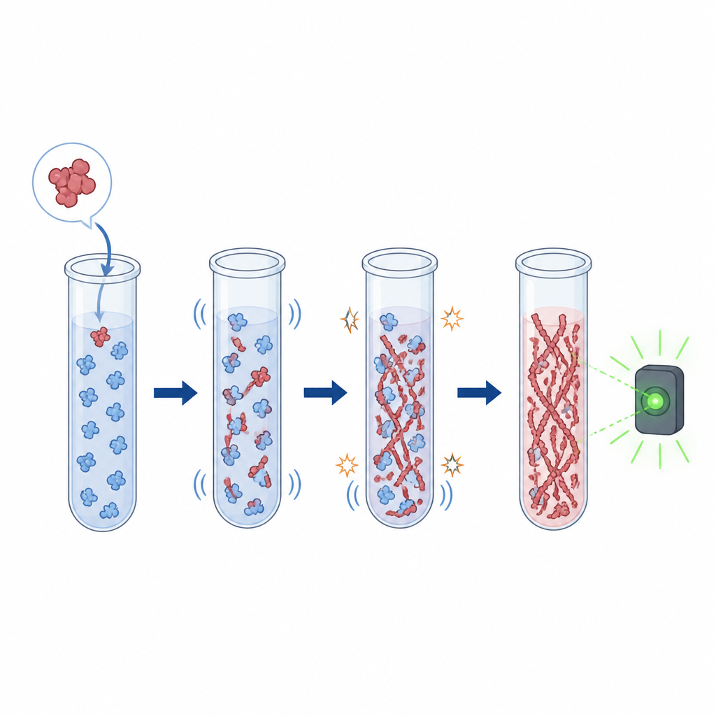 Figure 2. Bir deney tüpündeki çok küçük bir anormal protein kümesinin, hassas laboratuvar tespiti için birçok yeni kümenin büyümesini nasıl tetiklediği.