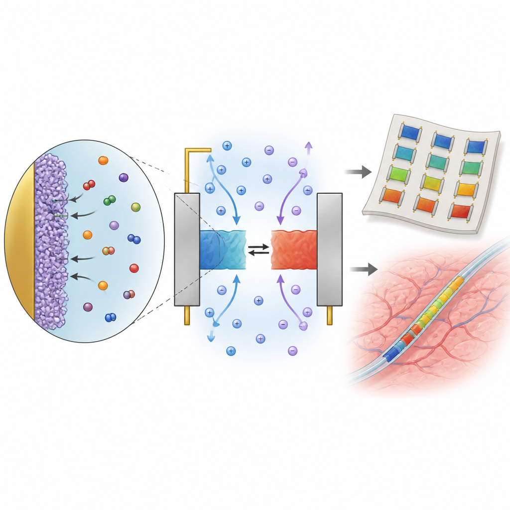 Figure 2. Electrodos recubiertos con enzimas impulsan iones hacia un canal transistor suave, cambiando su conductividad para reflejar los niveles de metabolitos.