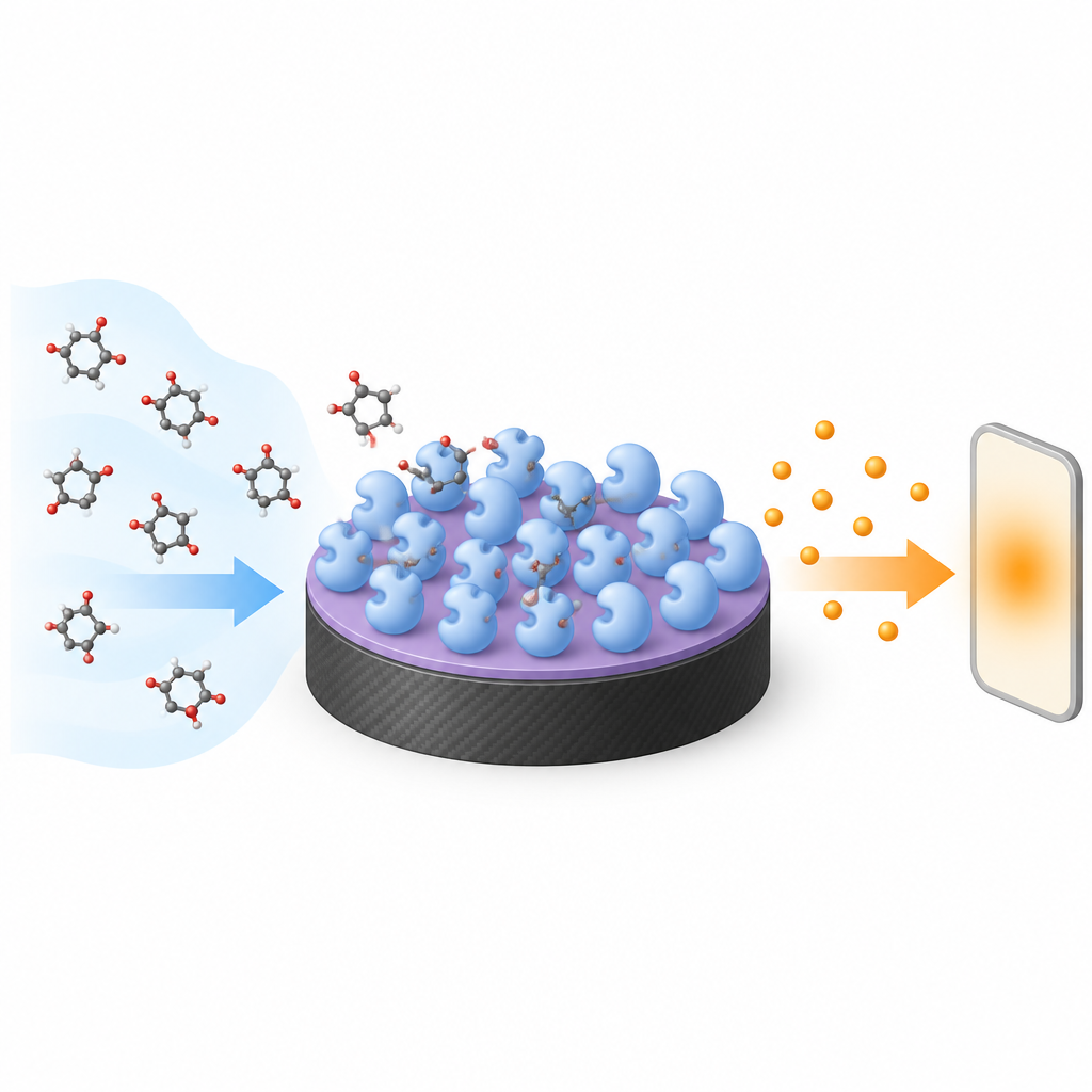 Figure 1. Eine einfache Beschichtung hilft Enzymen, stärkere elektrische Signale an eine Sensorschnittstelle zu senden, wodurch die chemische Detektion verbessert wird.