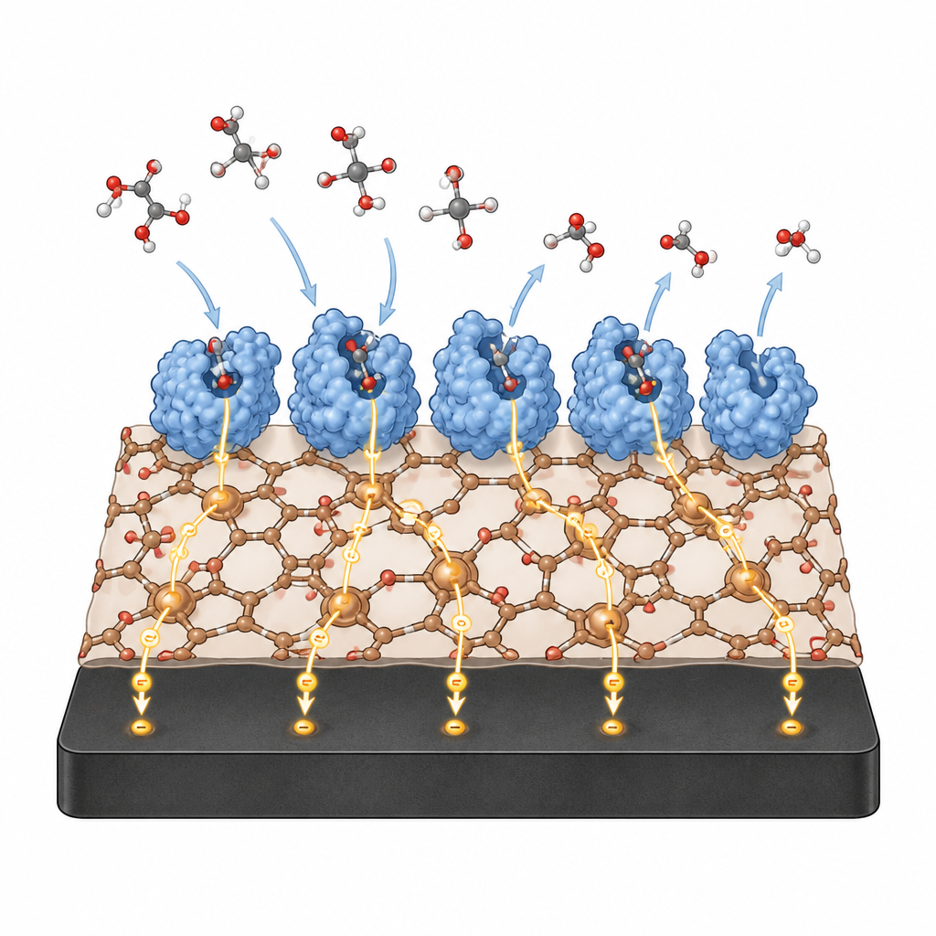 Figure 2. Ein geschichteter Film leitet Elektronen von reagierenden Molekülen über Enzyme und Metallstellen in die Elektrode.