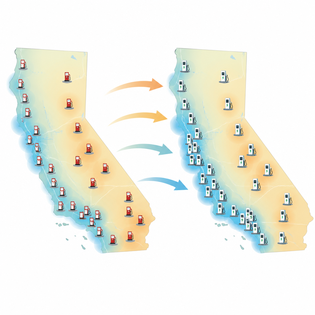 Figure 1. Hoe elektrische voertuigladers in Californië nog steeds het oude kaartbeeld van tankstations volgen.