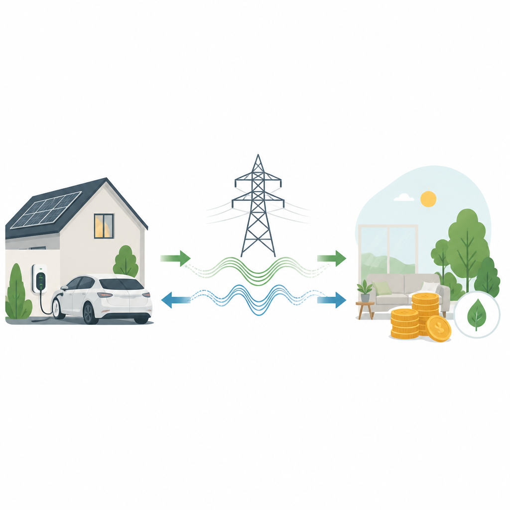 Figure 1. How home EV charging, the power grid, and household savings connect in one simple picture.