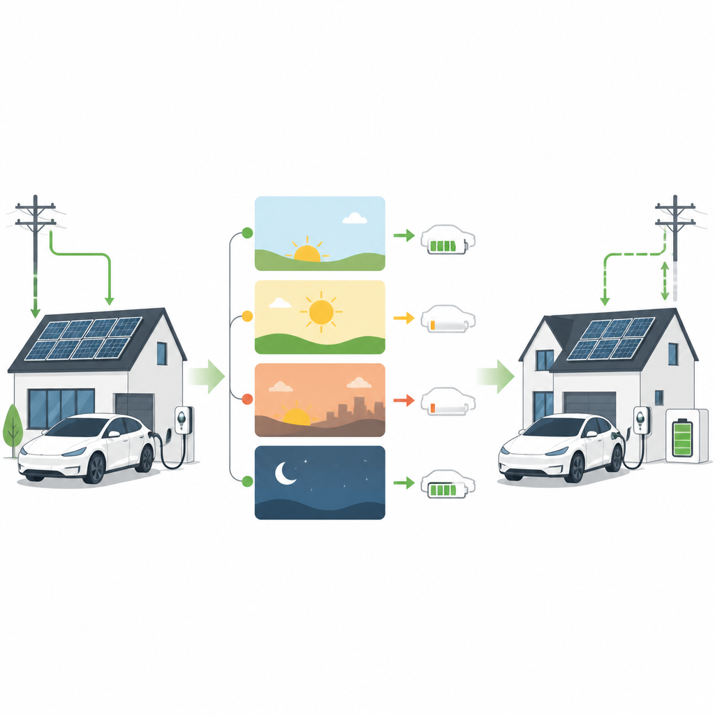Figure 2. How a home, solar panels, and an EV coordinate charging through the day to cut costs and help the grid.