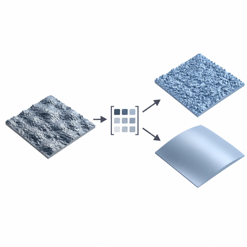 Figure 2. Zoom auf eine raue 3D-gedruckte Oberfläche und schrittweises Aufspalten in einen glatten Hintergrund und eine feinkörnige, unebene Schicht.