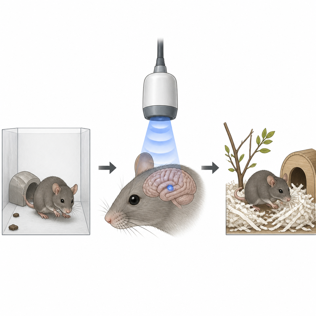 Figure 1. Focused ultrasound gently targets a deep mood hub to lift stress-related depression-like behaviours in mice.