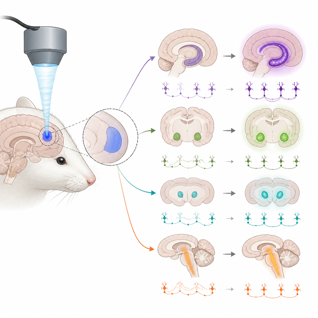 Figure 2. Ultrasound nudges a tiny prefrontal region that then reshapes activity and chemistry across connected mood circuits.