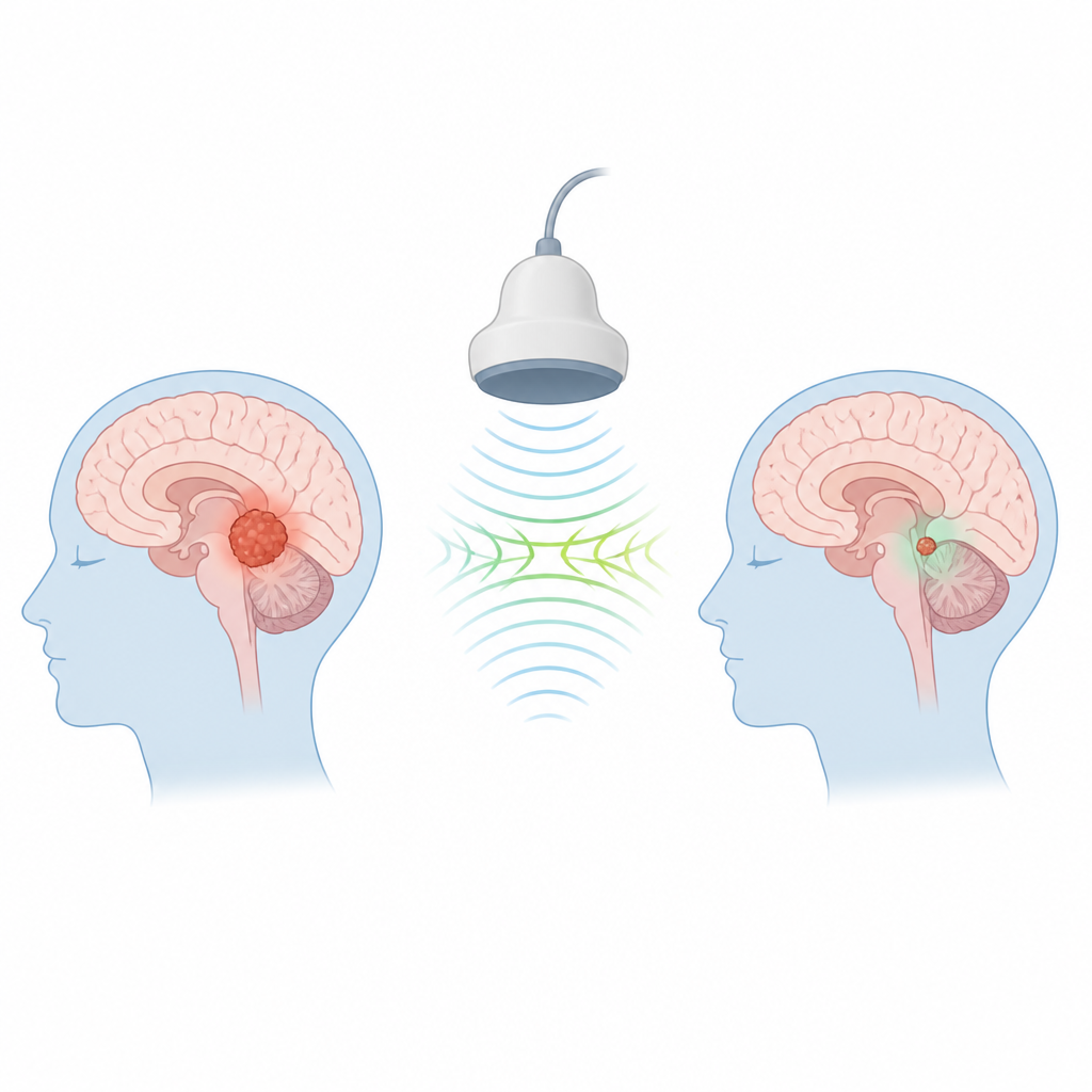 Figure 1. Noninvasive sound waves and a tumor-seeking drug work together to damage deep brain tumor cells while sparing healthy tissue.