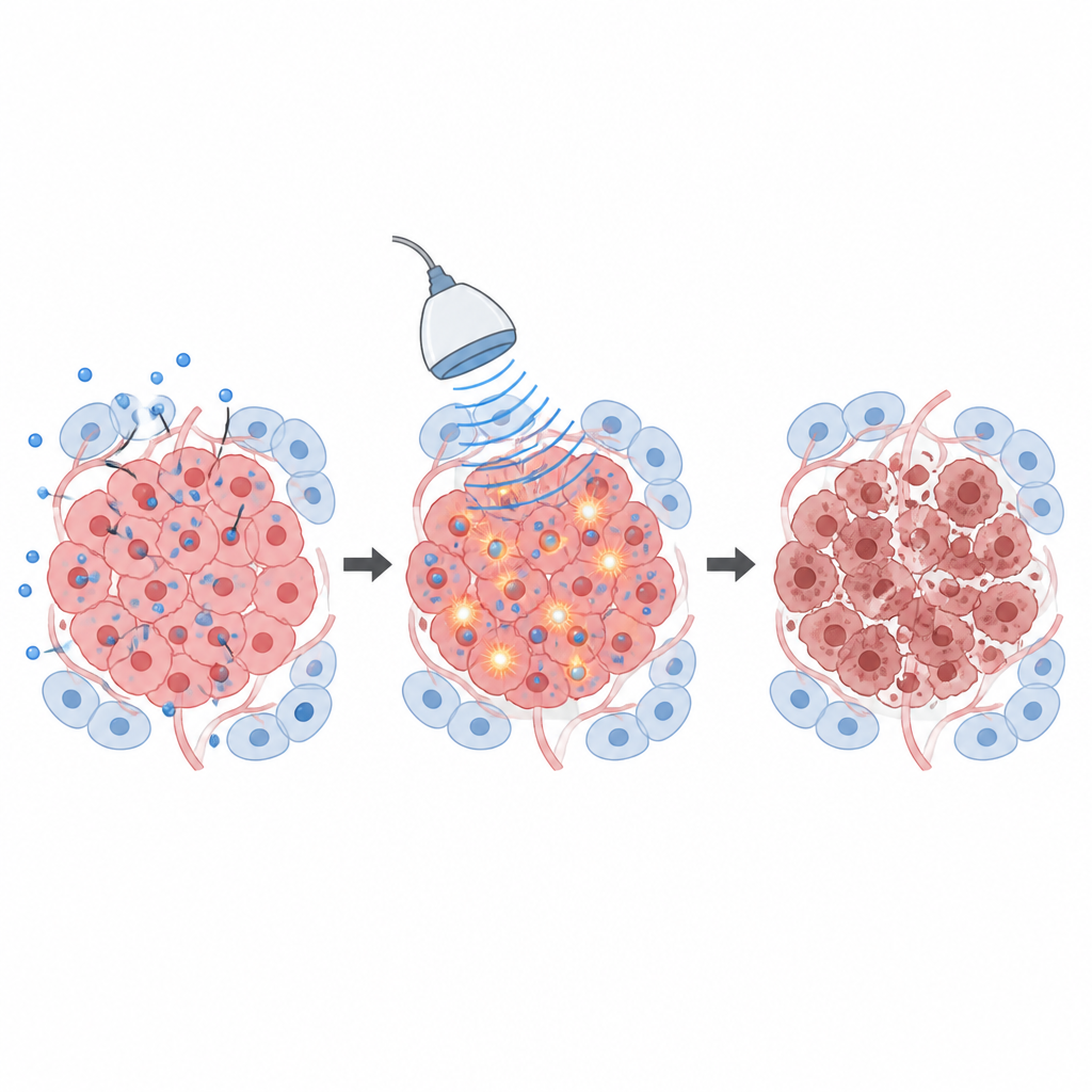 Figure 2. Drug-loaded tumor cells are struck by ultrasound, generating reactive molecules that break down cancer cells more than nearby normal cells.