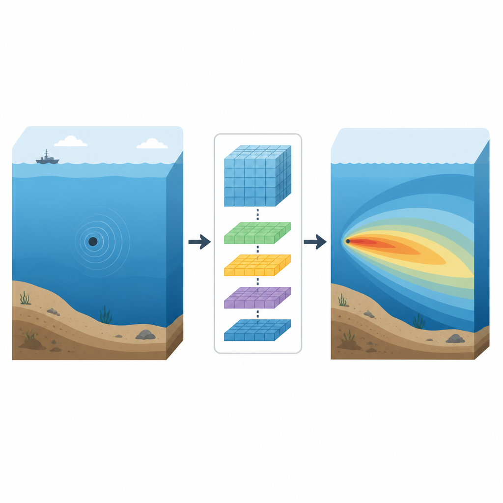 Figure 1. How a new numerical tool links ocean layers, computation, and predicted underwater sound fields.