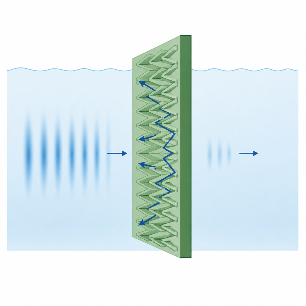 Figure 2. Inside a thin underwater barrier, incoming waves turn into complex internal motions and emerge much weaker.