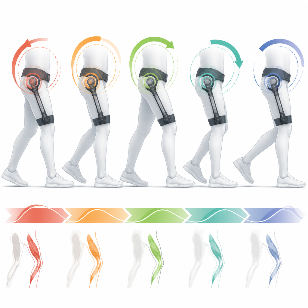 Figure 2. Hoe het aanpassen van het moment waarop een heupexoskelet tijdens elke stap duwt de beweging vloeiender maakt en de inspanning verlaagt.