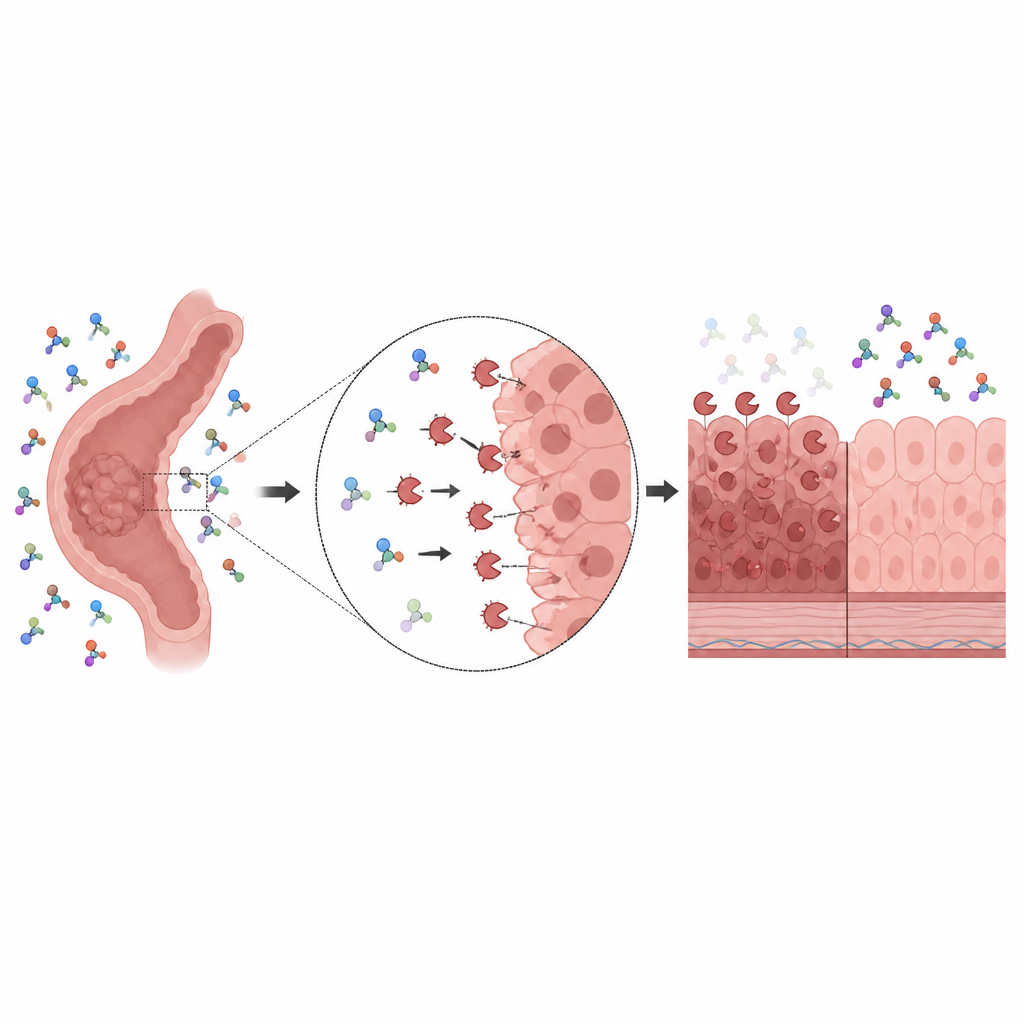 Figure 2. 分子プローブが酵素に富む腫瘍組織で信号を失い、攻撃性の高い大腸がんを示す仕組み。