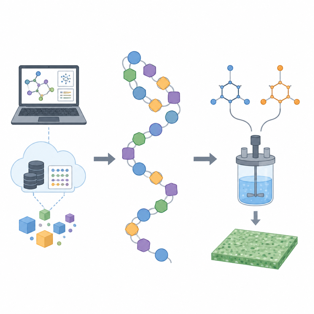 Figure 1. Yapay zeka, sanal polimer tasarımlarını gerçek dünya yapı taşlarına eşleyerek dijital plastiklerin laboratuvarda üretilebilmesini sağlar.