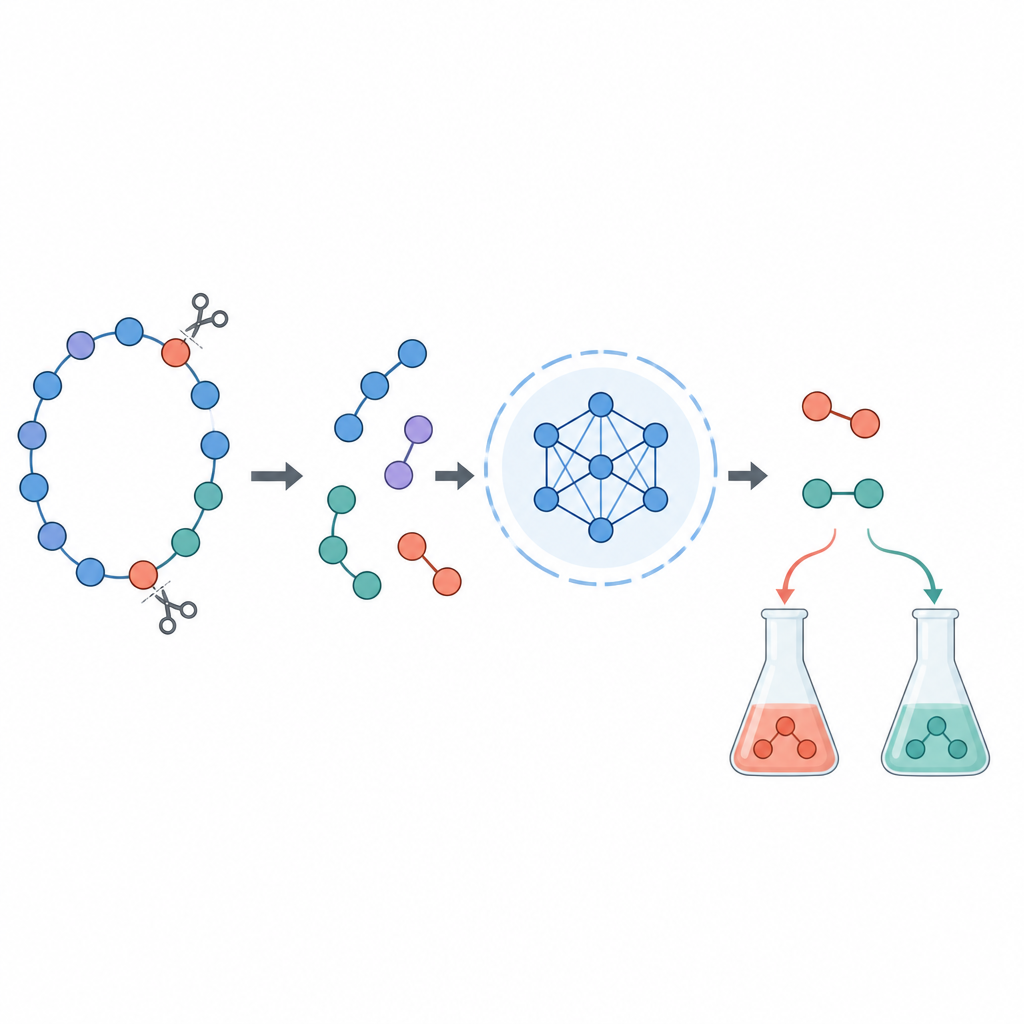 Figure 2. Yapay zeka, bir polimer zincirini parçalara böler, reaksiyonları mantıksal olarak değerlendirir ve orijinal monomer bileşenlerini yeniden inşa eder.