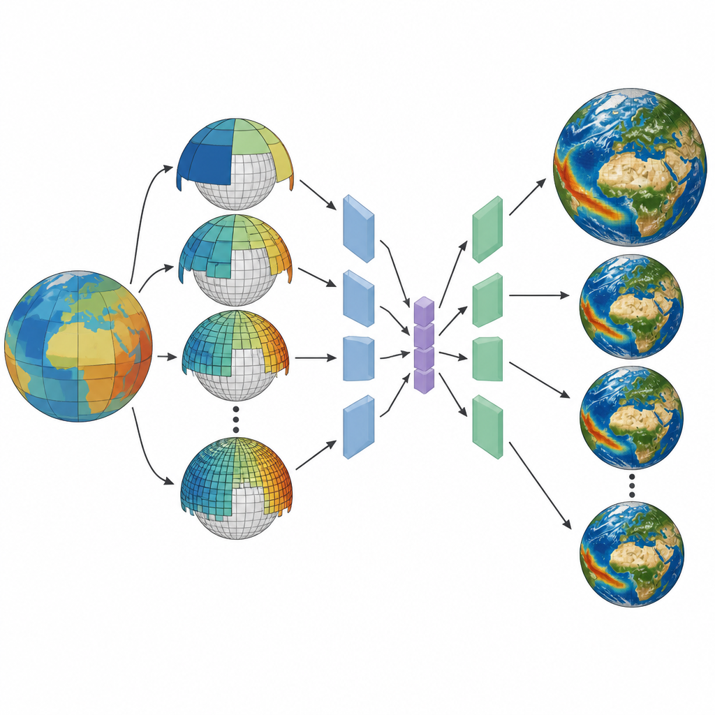 Figure 2. How layered spherical compression learns fine and coarse climate details to rebuild and generate realistic high resolution fields.