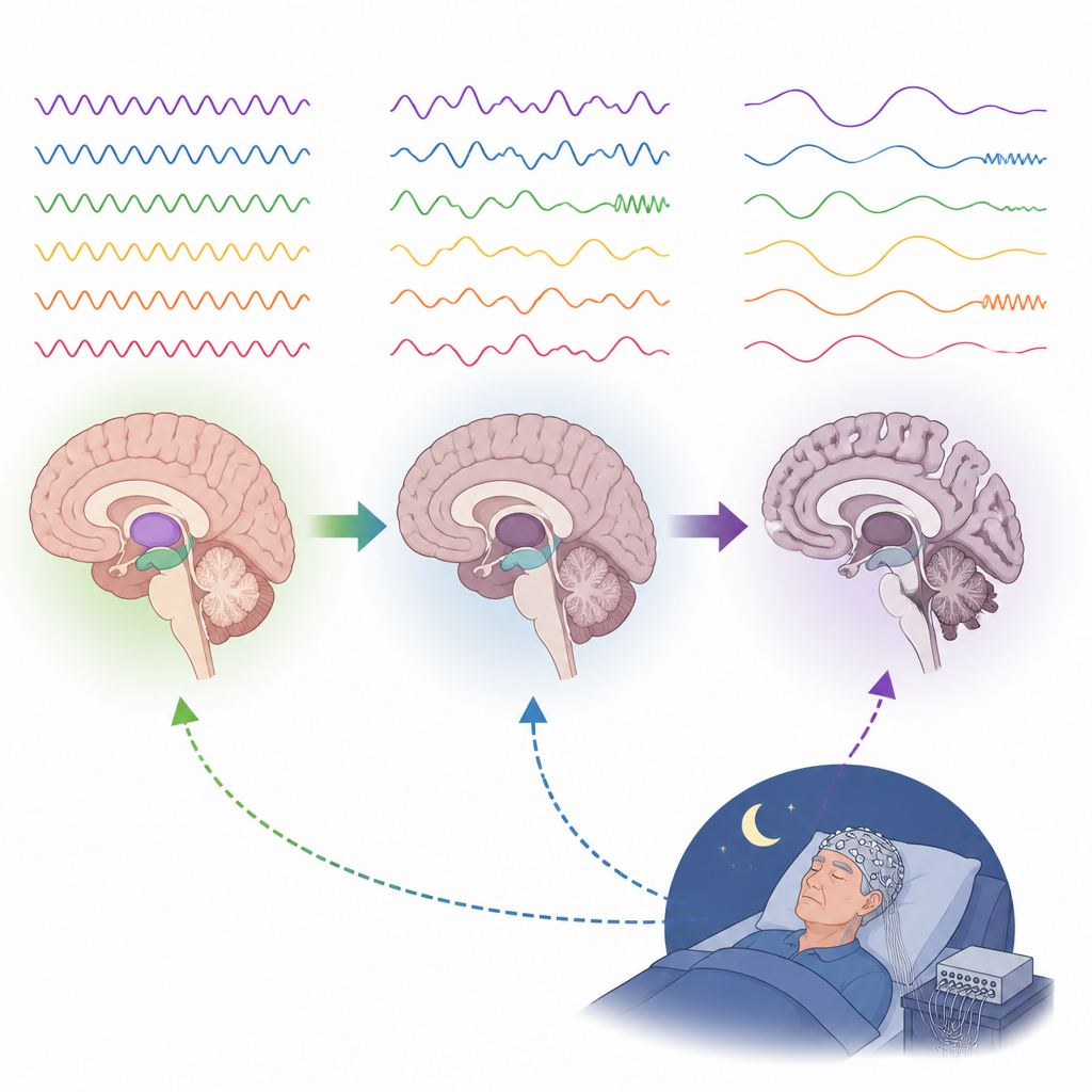 Figure 2. Hoe hersengolven en slaappatronen geleidelijk veranderen naarmate dementie vordert, zichtbaar in niet-invasieve EEG-opnamen.
