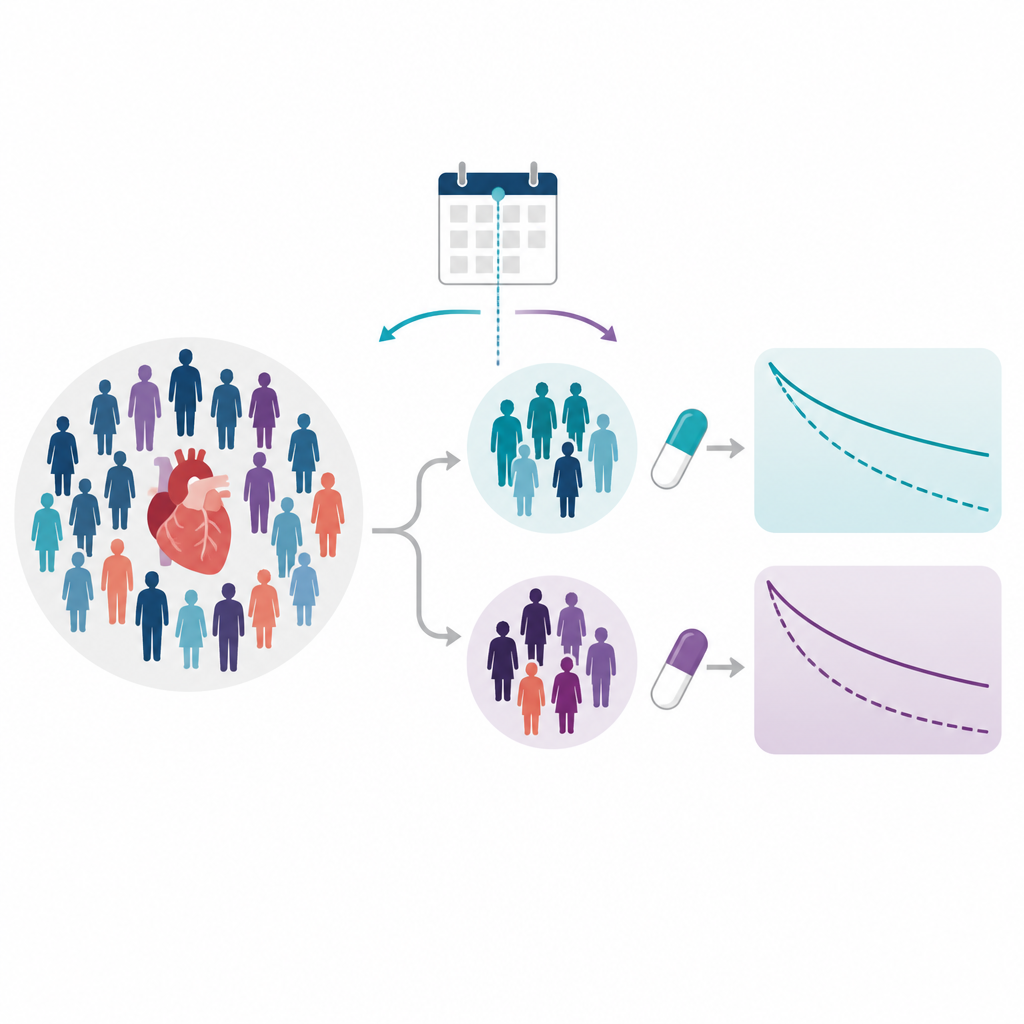 Figure 1. Wie große Studien mit Gesundheitsdaten eine Herzmedikamentenstudie nachspielen und wie die Patientenauswahl das Gesamtergebnis verändert.