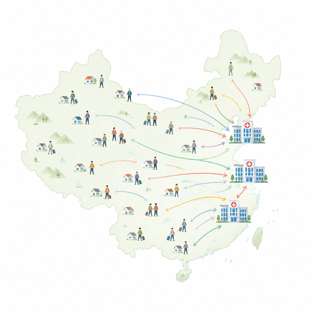 Figure 1. People with kidney disease traveling from many smaller cities into a few major cities for better hospital care.