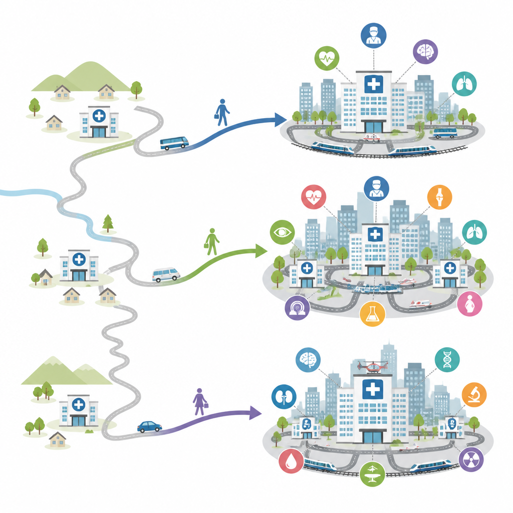 Figure 2. How differences in hospital resources and transport links between cities steer patient flows for kidney treatment.