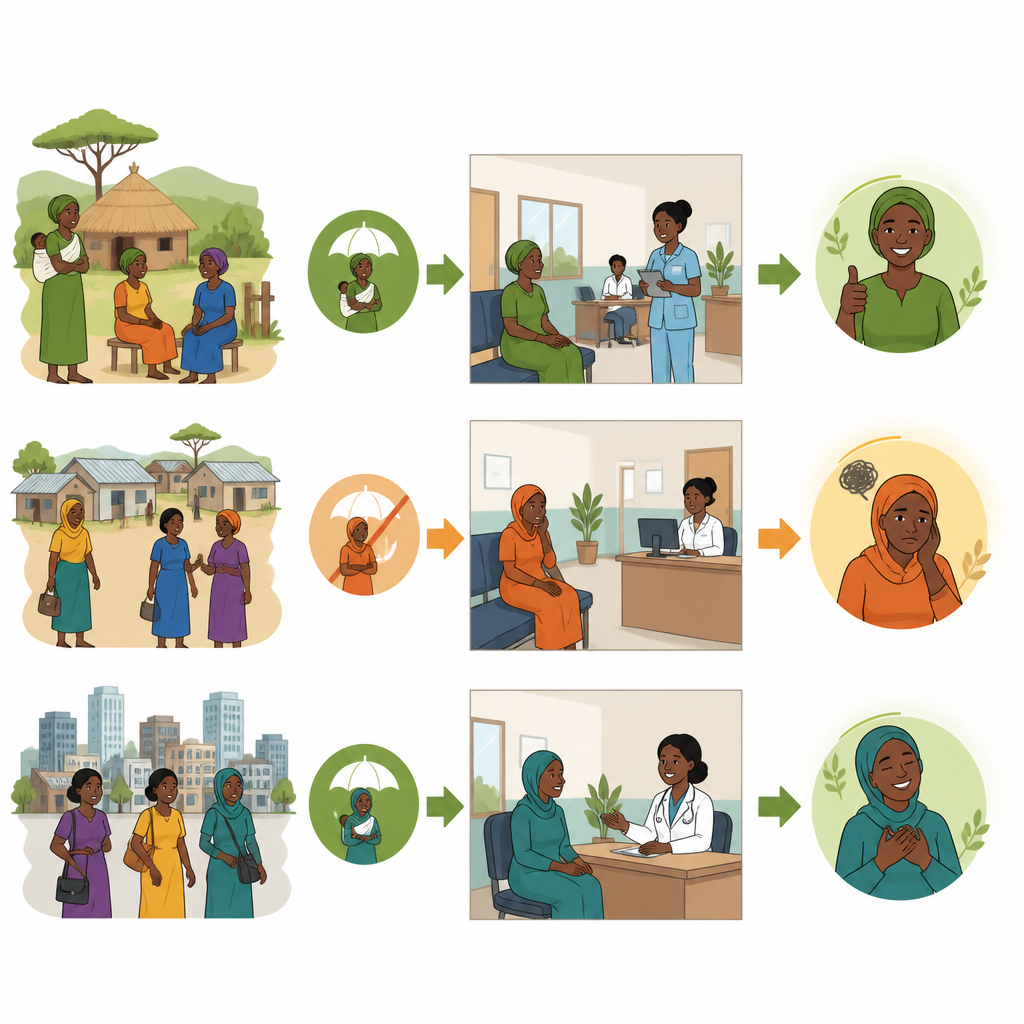 Figure 1. Hoe communautaire ziektekostenverzekering de zorgervaringen van vrouwen in landelijk en stedelijk Ethiopië vormt.