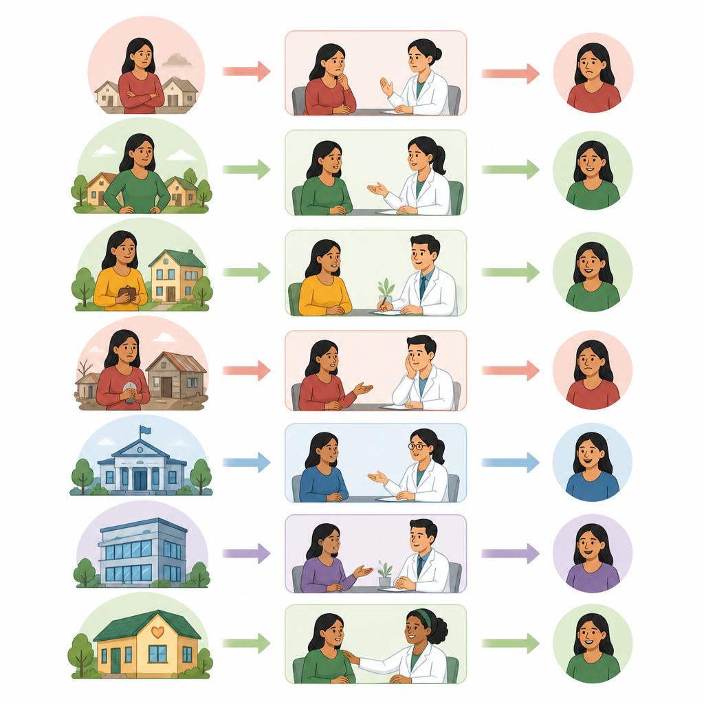 Figure 2. Hoe de autonomie van vrouwen, armoede en type kliniek samen de tevredenheid over zorgbezoeken verhogen of verlagen.