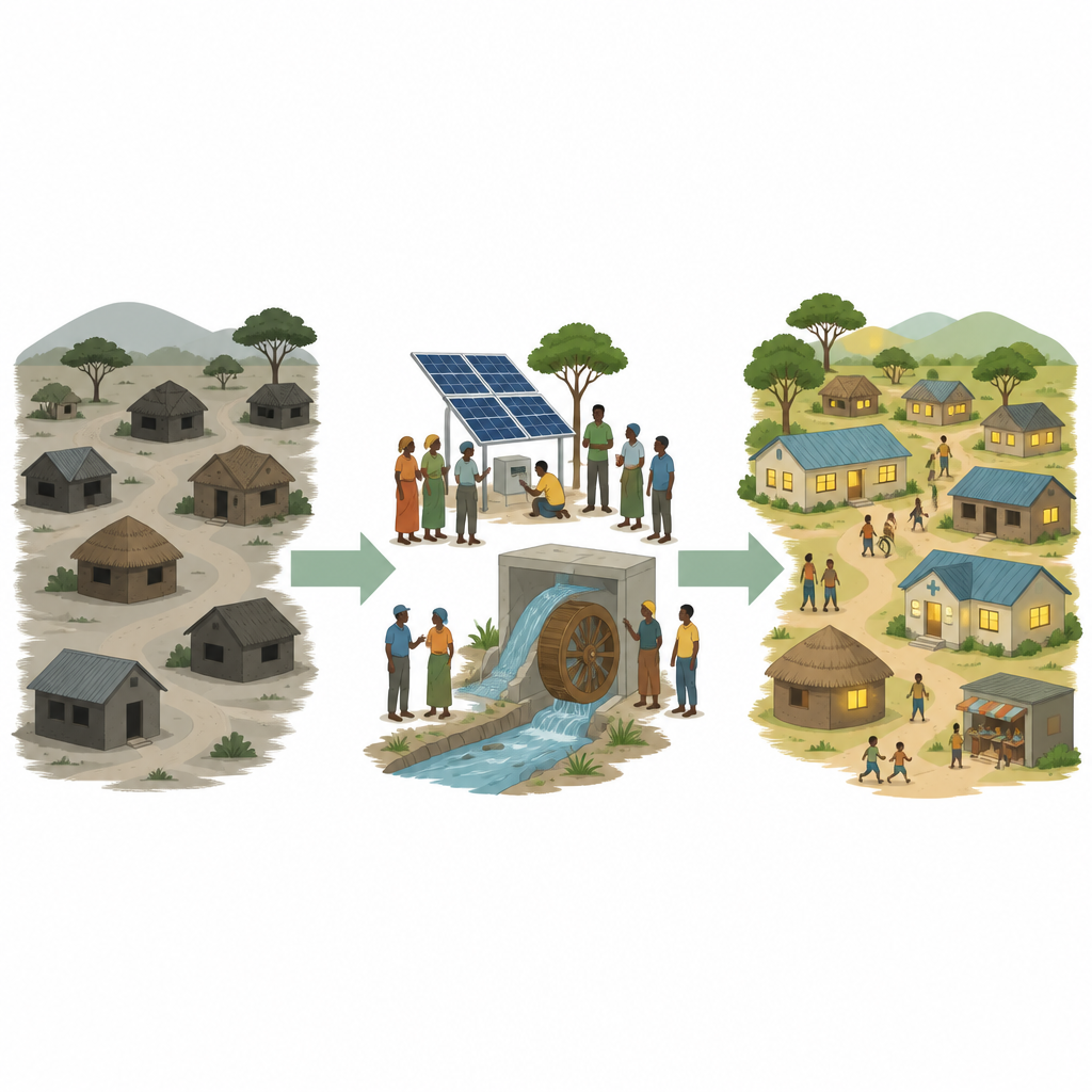 Figure 1. Cómo los proyectos solares y hidroeléctricos gestionados por la comunidad transforman aldeas africanas desatendidas en comunidades más iluminadas y conectadas.