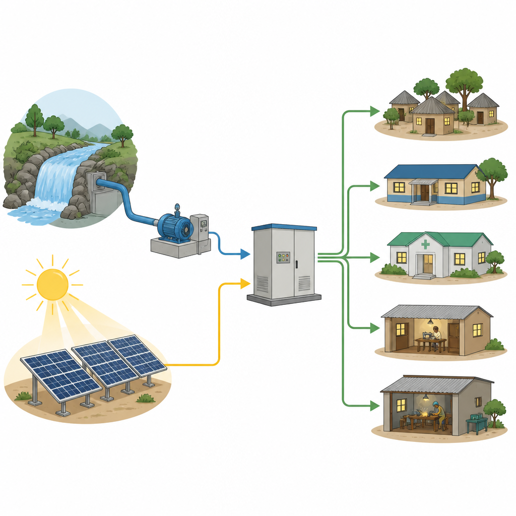 Figure 2. Cómo el sol y el agua alimentan una minirred compartida que suministra energía paso a paso a hogares, escuelas, clínicas y pequeñas empresas.