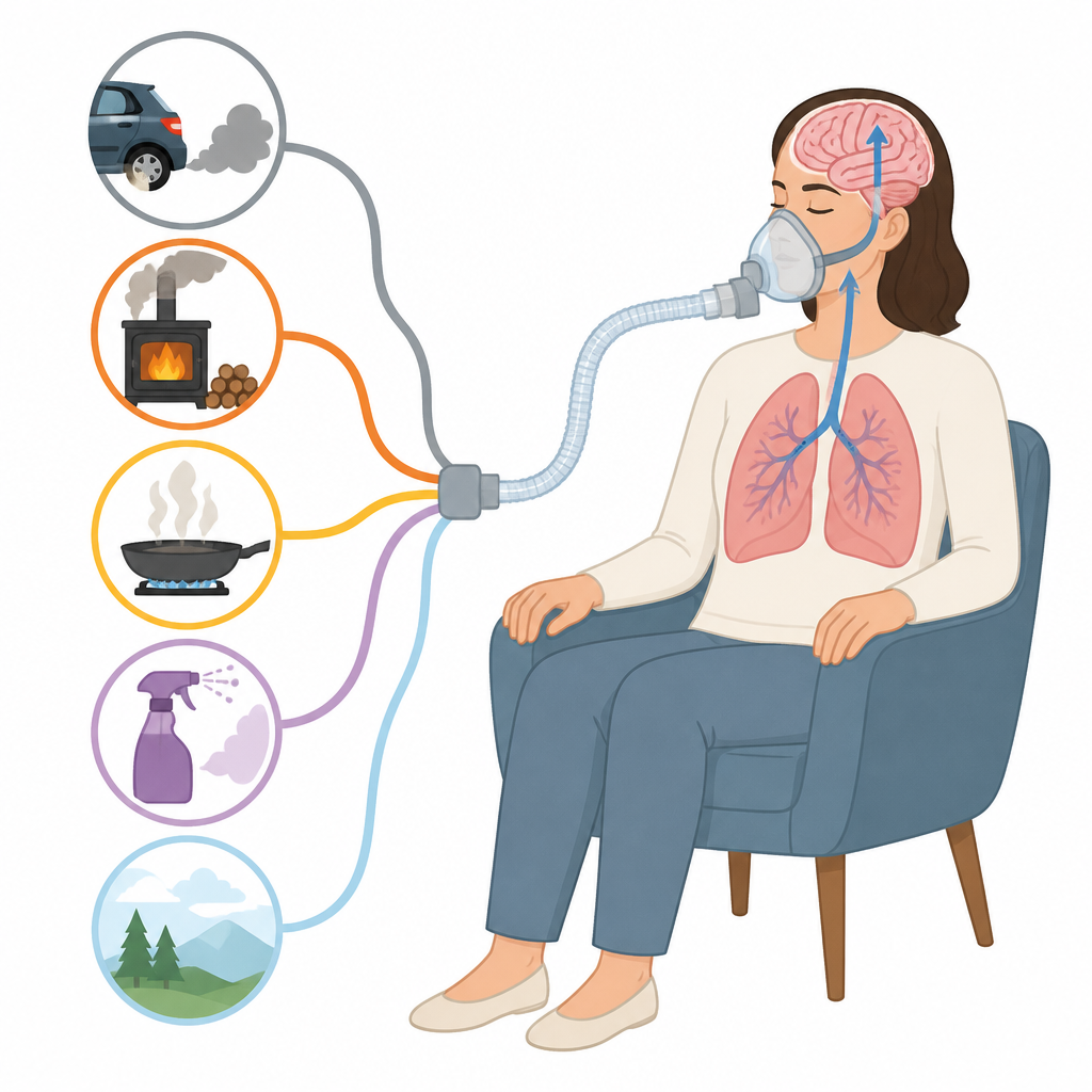 Figure 1. How common pollution sources connect the air we breathe to changes in brain and lung function.