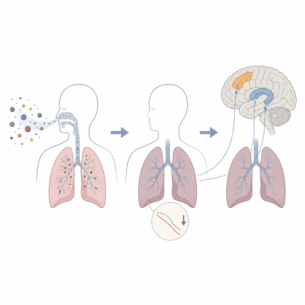 Figure 2. How inhaled pollutant particles move from lungs to brain, altering reaction speed and slightly reducing lung capacity.