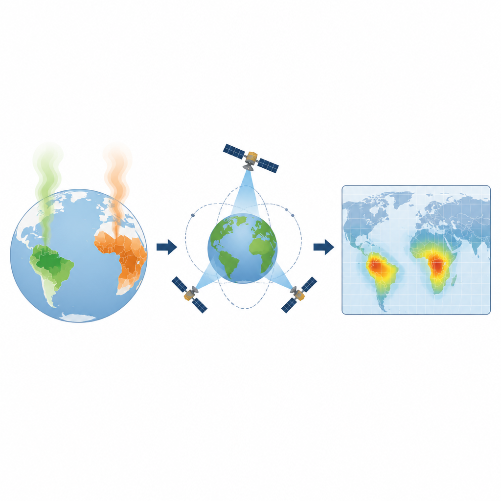 Figure 1. Satellites and models work together to reveal hidden ammonia pollution hotspots across the globe.