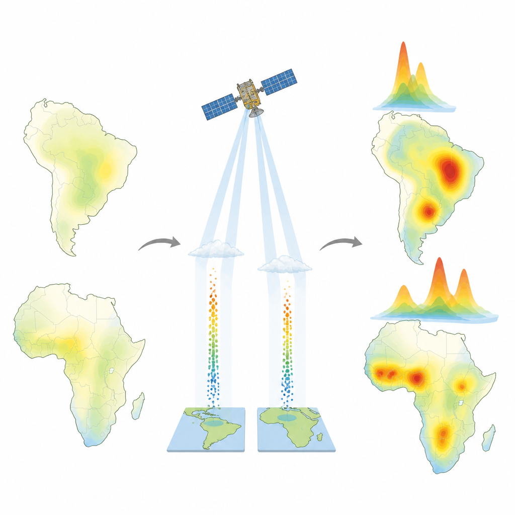Figure 2. Satellite ammonia data reshape smooth old emission maps into sharper seasonal hotspots over South America and Africa.
