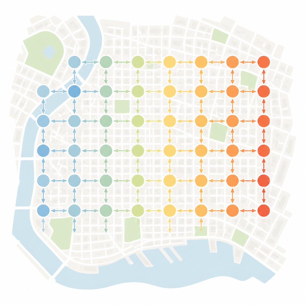 Figure 1. Stad verdeeld in kleine zones die vervuiling uitwisselen, waardoor zichtbaar wordt hoe de luchtkwaliteit van hoek tot hoek in de loop van de tijd verandert.
