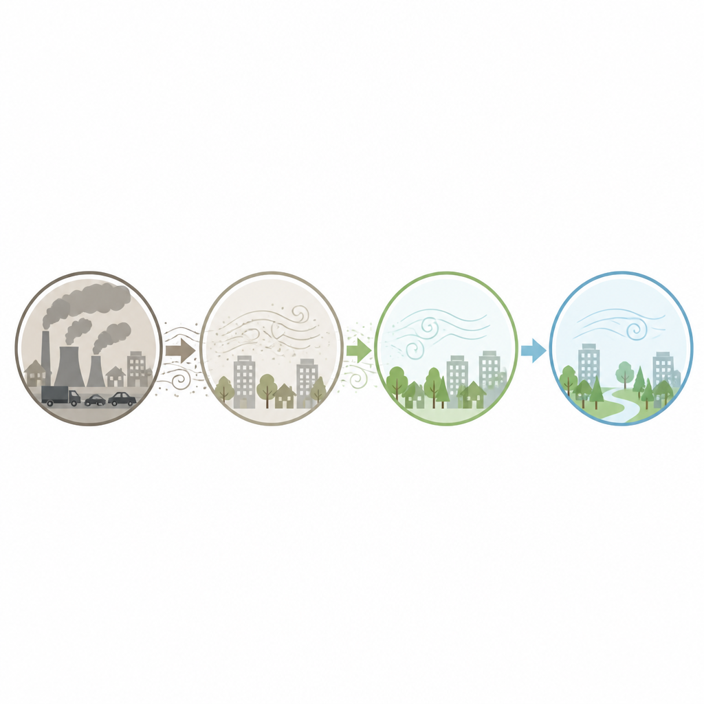 Figure 2. Ingezoomd beeld van zones waar verkeer, fabrieken, bomen en wind de vervuilingsniveaus veranderen en schonere reiskeuzes mogelijk maken.