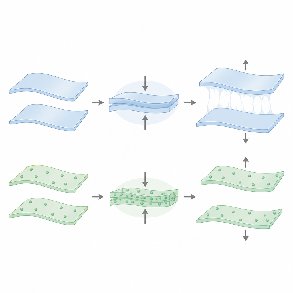 Figure 1. How tiny particles inside soft films change how strongly layers stick and peel apart