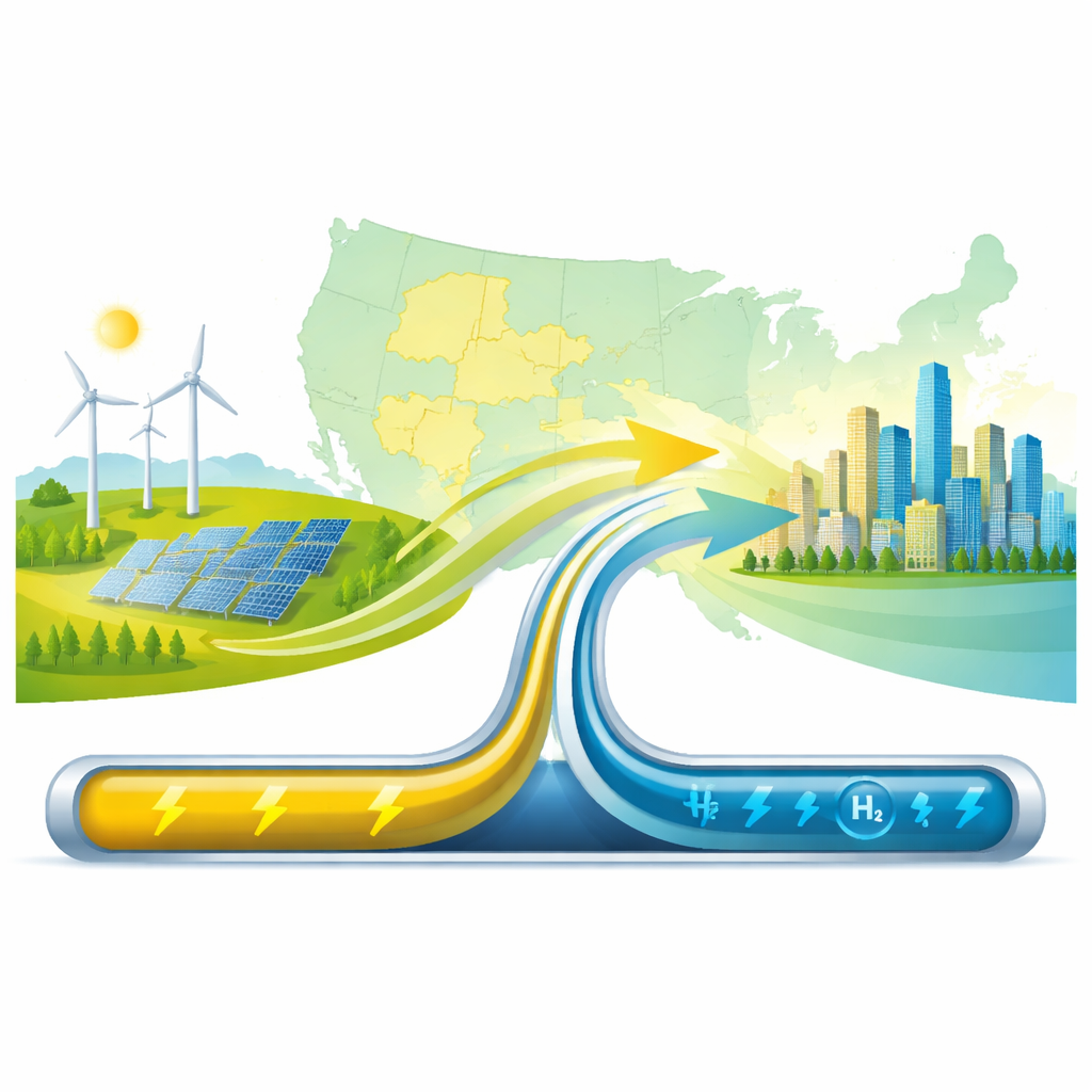 Figure 1. Moving clean power from windy, sunny regions to distant cities using a shared electricity and hydrogen energy pipeline.