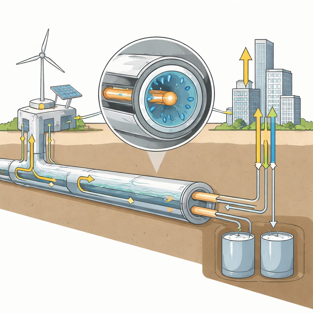 Figure 2. How a buried pipeline uses liquid hydrogen to cool superconducting cables while carrying both stored fuel and electric power.
