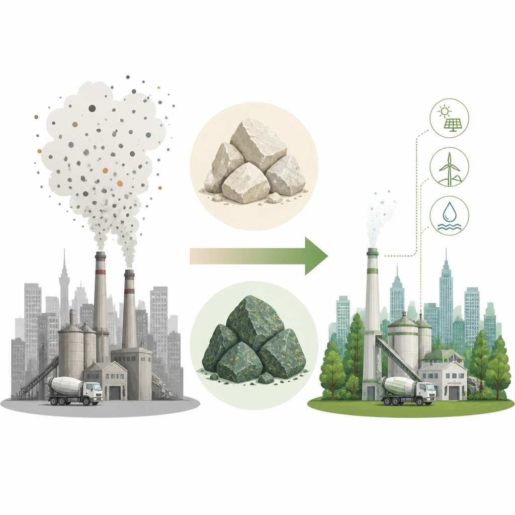 Figure 1. Overschakelen van kalksteenhoudend cement naar magnesiumsilicaatbindmiddel om CO2-uitstoot in de bouw terug te dringen.