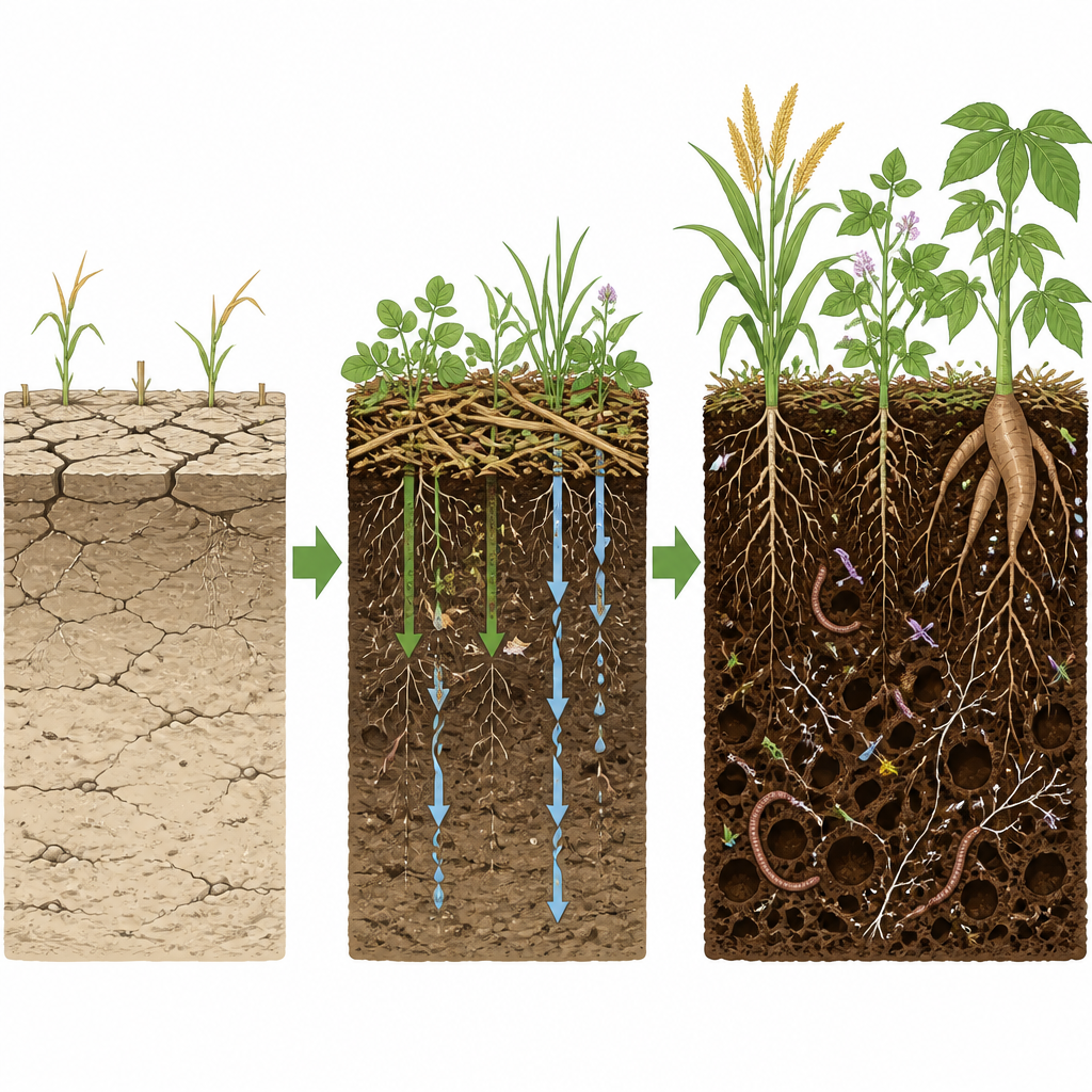 Figure 2. How leaving soil undisturbed with cover crops and residues gradually builds deeper, richer tropical soil that supports diverse crops.