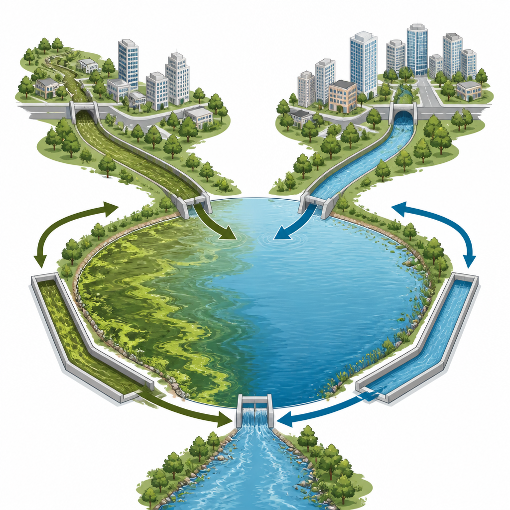 Figure 1. Wie städtische Wasserableitungen aus saubereren und verschmutzteren Strängen das Risiko von Algenblüten in einem verbundenen Fluss-See-System verändern.