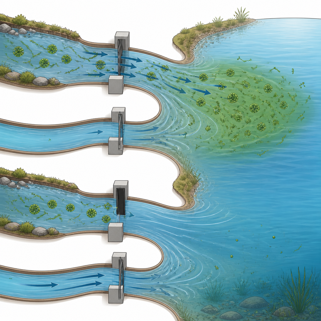 Figure 2. Wie die Anpassung des Durchflusses in zwei verbundenen Kanälen den Transport von schwimmenden und fadenförmigen Algen in einen See verändert und die Blütenintensität beeinflusst.