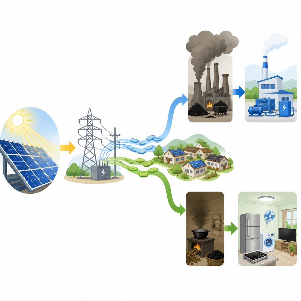 Figure 2. Village solar power feeds the grid, raises local income, and helps factories and homes burn less dirty fuel.
