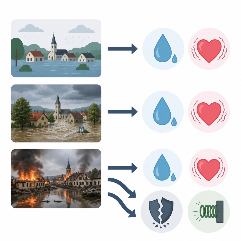 Figure 2. Confronto tra scene di disastro generate dall'IA semplici e realistiche per mostrare quando aumentano la preoccupazione e quando riducono fiducia e sostegno.