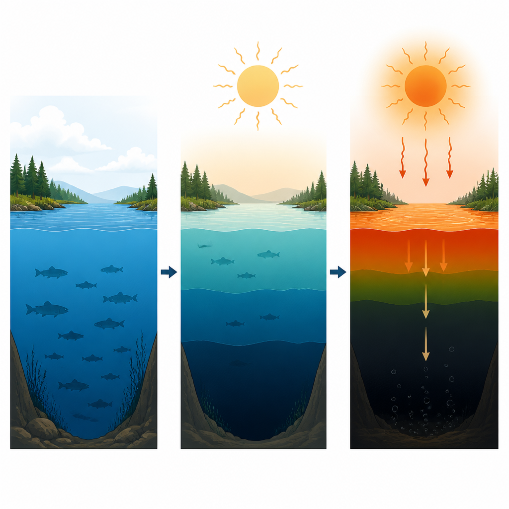 Figure 1. Climate warming strengthens lake layering, leading from healthy deep waters to expanding oxygen free zones worldwide.