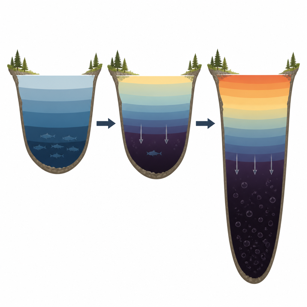 Figure 2. Stepwise view of a lake’s deep water losing oxygen over a longer, warmer summer until the bottom becomes unlivable.