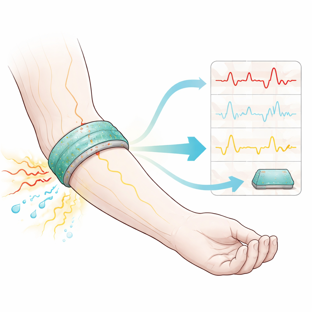 Figure 1. Soft hydrogel band between skin and sensor that turns messy motion signals into clean health data