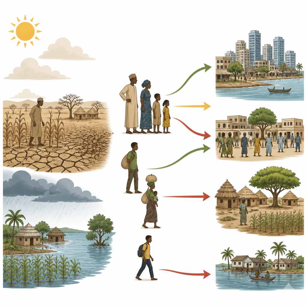Figure 1. Como o clima em mudança na África Ocidental afeta as escolhas das famílias de permanecer, deslocar-se para perto ou migrar para mais longe.