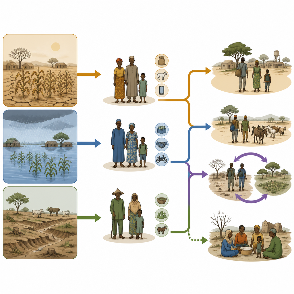 Figure 2. Como secas e inundações se combinam com dinheiro, terra e laços sociais para orientar as pessoas a se moverem ou permanecerem no lugar.